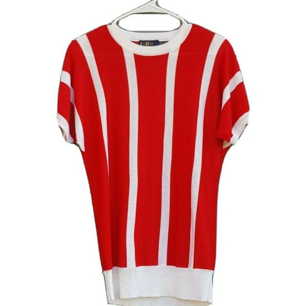 Vintage LeRoy Knitwear Womens Sweater Top S‎ White Red Striped Short Sleeve